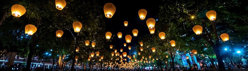 Obraz premium A 3D Chiang Mai lantern festival with soft lighting, symbolizing the cultural celebrations of northern Thailand.