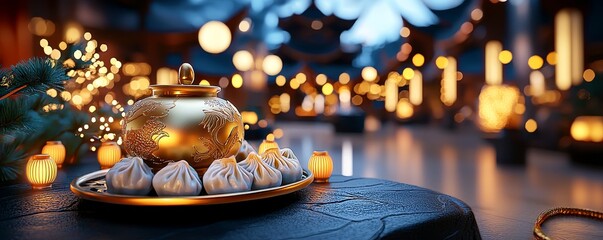 A 3D Chinese dumpling feast with soft lighting, representing the communal dining traditions of China.