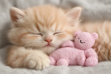 Adorable Kitten Sleeping With Pink Stuffed Animal