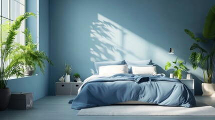 Sky blue bedroom interior with double bed, plants and grey boxes on the floor , ai