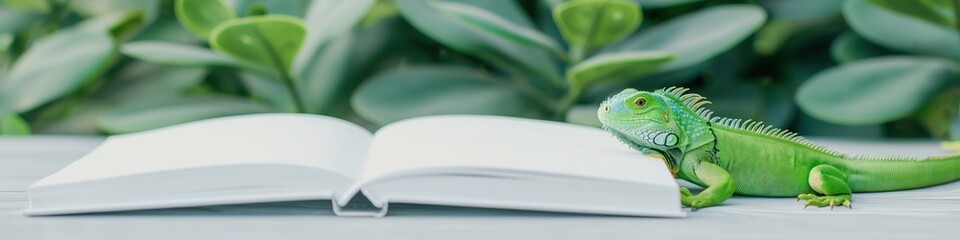 Obraz premium Cute iguana lizard on open blank empty book mock up, wide panoramic banner with copy space.