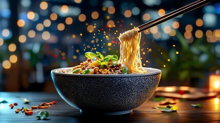 A 3D Chinese noodle bowl with soft lighting, symbolizing the culinary traditions of China.