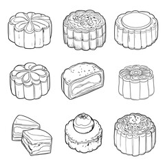 Mooncakes set for the mid-autumn festival in vector line style.
