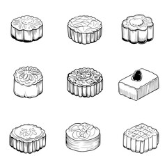 How about Collection of chocolate cakes and cupcakes with icing and decorations, perfect for a sweet birthday party?Mooncakes set for the mid-autumn festival in vector line style.