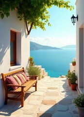 A seaside house with a wooden bench in the corner, overlooking a serene ocean view.






