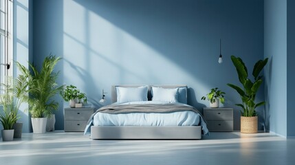 Sky blue bedroom interior with double bed, plants and grey boxes on the floor , ai