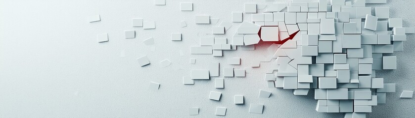 An abstract representation of broken white tiles with a striking red element, conveying concepts of fragmentation and contrast.