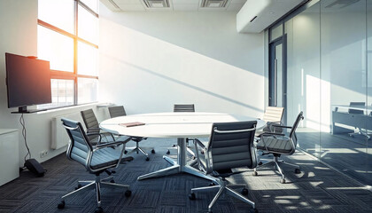 a modern conference room with a white table and chairs, leather chair with table, large window in office, nature view form window in office
