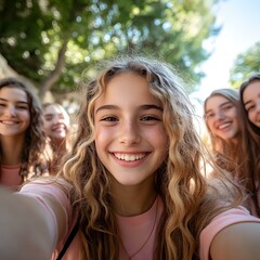 Obraz premium Group of Young Girls Taking Selfie in the Park