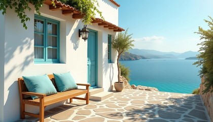 Charming white houses line a quaint street, with a cozy bench and a serene sea view under warm sunlight.