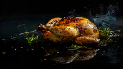 Close-up of baked juicy chicken with herbs on a dark background. Food concept.