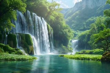 Fototapeta premium Majestic Waterfall Cascading Through Lush Tropical Foliage in Remote Paradise