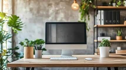 A modern workspace featuring a computer, plants, and stylish decor, perfect for productivity and inspiration.