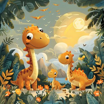 Playful Cartoon Dinosaurs Frolicking in a Prehistoric Landscape