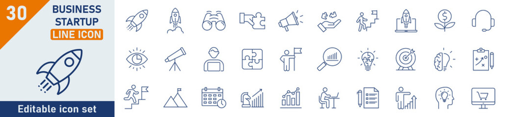 Startup line icon set. Set of 30 outline icons related to startup, money, company, development, research, growth, management. Linear icon collection. Business Startup outline icons collection.