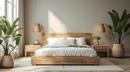 A serene bedroom featuring a wooden bed, soft linens, elegant lamps, and lush plants, creating a calming and modern retreat.