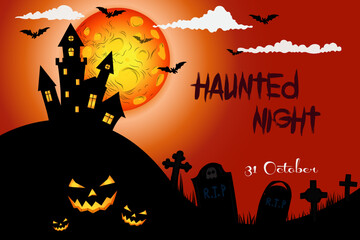 Print. Halloween Scary Horror background template with haunted house at full moon night. Vector illustration on Halloween theme idea for banners, posters and web screen © Oshadhi
