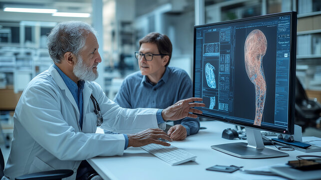 A prosthetist and a patient discussing the design of a new prosthetic limb, with a digital rendering of the limb on a computer screen, with copy space