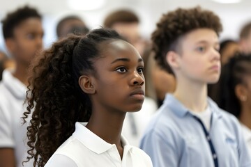 Fototapeta premium African American Girl In A White Shirt Looking Away In A Crowd