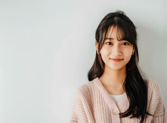 Portrait of a Smiling Asian Woman in a Pink Sweater