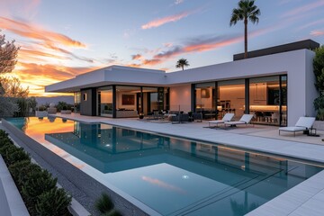 Fototapeta premium Modern Hotel with Pool and Outdoor Seating, Wooden Accents, Sun Umbrella, and Mountain View on a Sunny Day.