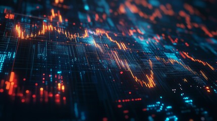 Fototapeta premium Abstract data visualization with glowing charts and graphs on a dark background, symbolizing data analysis, technology, and innovation.