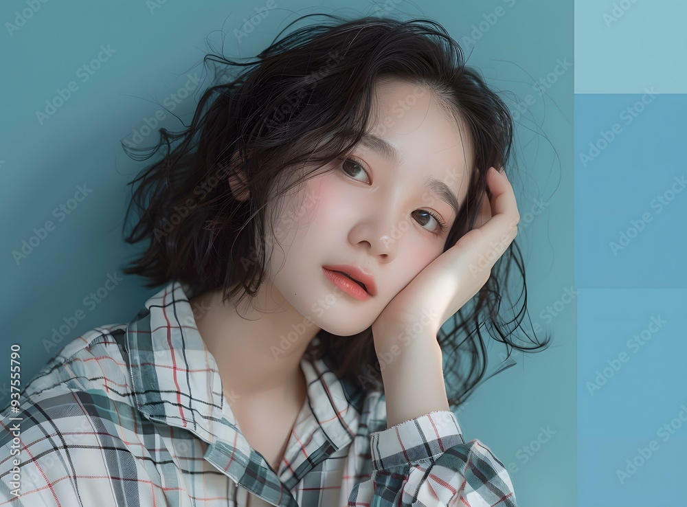 Wall mural portrait of young asian woman with short hair wearing plaid shirt against a blue background