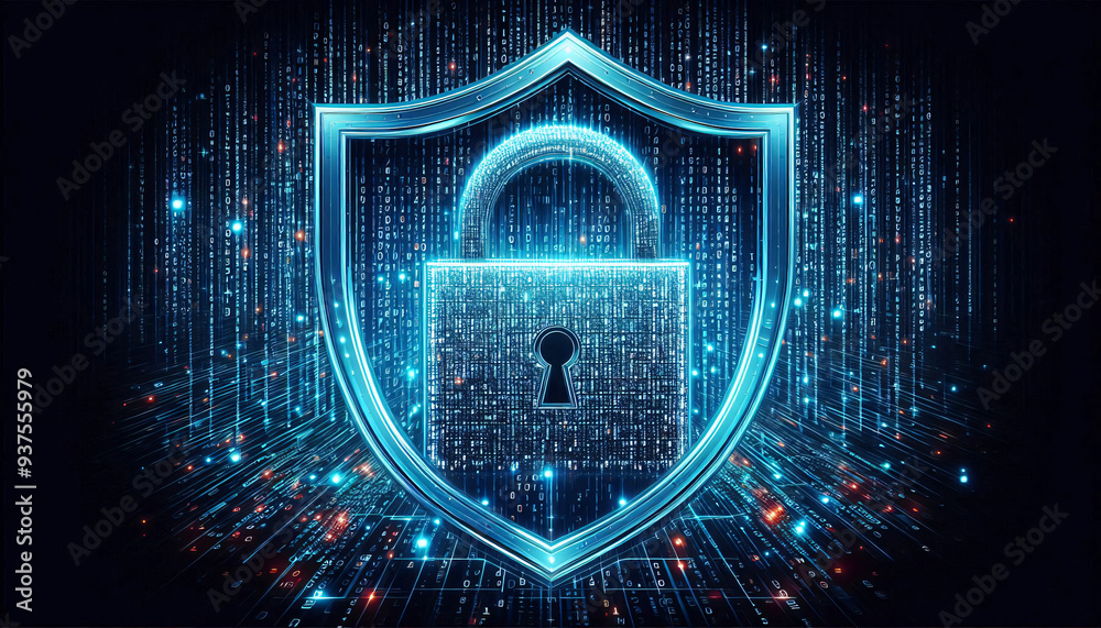 Wall mural padlock with binary code in blue-red tones concept of cyber security