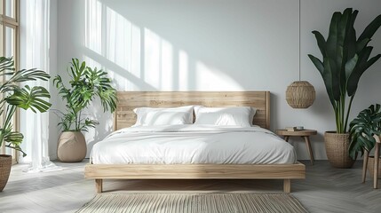 Bright and airy bedroom featuring a wooden bed, plants, and natural light for a serene, modern aesthetic.