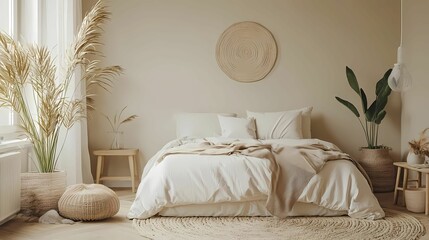 Cozy bedroom with neutral tones, natural decor, and plush bedding, creating a serene and inviting atmosphere.
