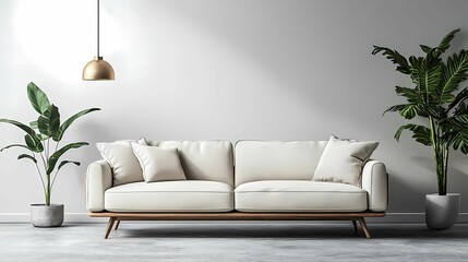 Elegant white sofa in a modern living room with leafy plants, showcasing a stylish, minimalistic design.