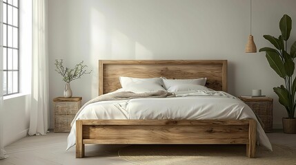 Inviting bedroom with wooden bed, soft linens, and natural light, creating a serene and cozy atmosphere for relaxation.