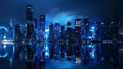 Glowing skyscrapers rise majestically against a deep blue sky, their reflections shimmering on the tranquil water, embodying the quiet energy of the urban night