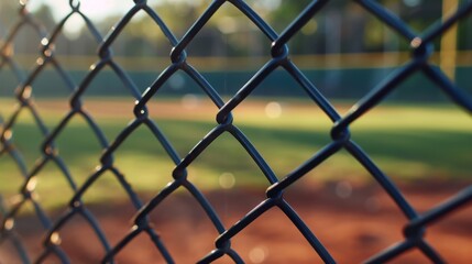 Fototapeta premium Chain link fence with blurred baseball field in the background.