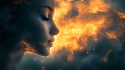 Woman Face in the Fire and Stars