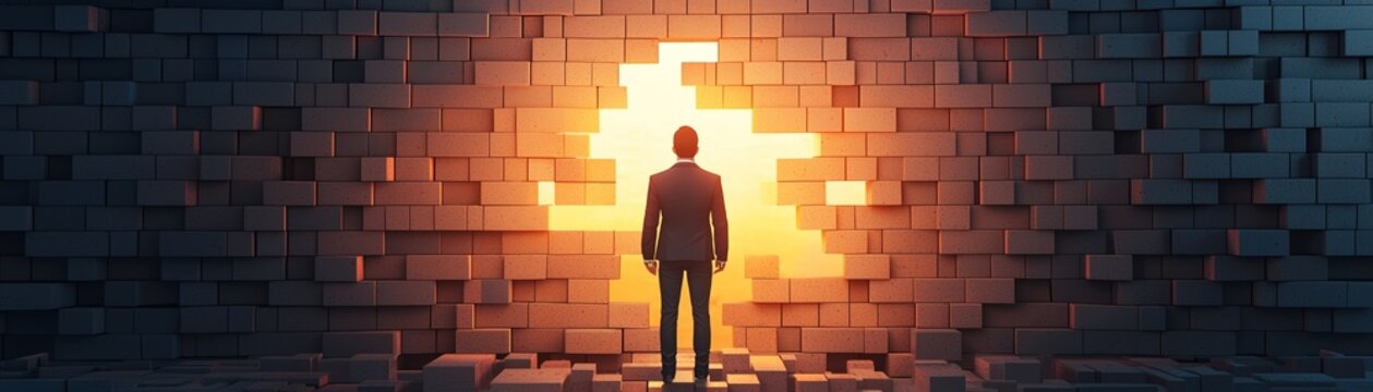 A business professional stands before a glowing wall, representing breakthrough and innovation in a corporate environment.