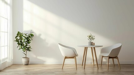 Fototapeta premium Modern interior with a minimalist design, featuring a stylish table, two chairs, and a potted plant in bright sunlight.