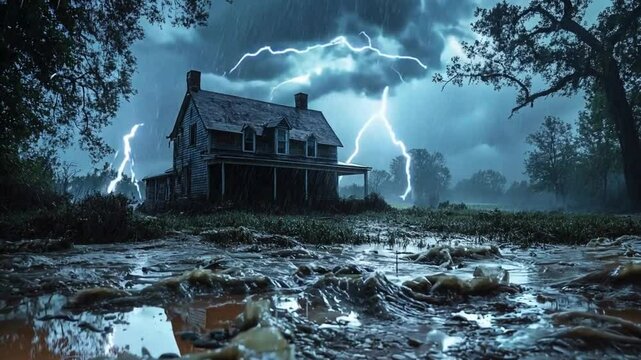 Eerie old farmhouse amidst heavy rain and lightning in a thunderstorm