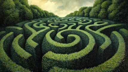 Enchanted Green Maze - A surreal oil painting of a lush, green maze stretching into the distance, surrounded by dense foliage under a soft, cloudy sky.