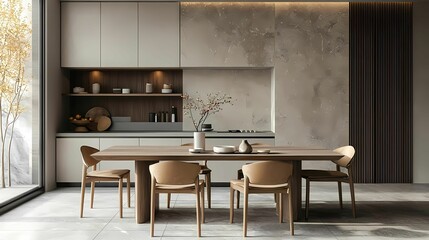 Modern kitchen interior featuring a stylish dining table with chairs, natural light, and elegant decor for a contemporary atmosphere.