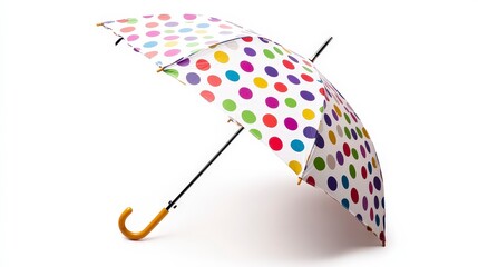 Colorful polka dot umbrella with a yellow handle isolated on white background.
