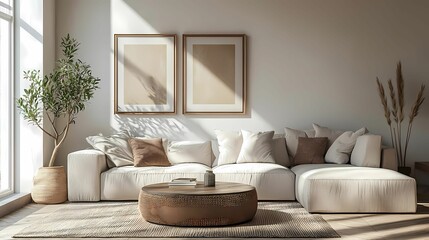 Stylish and modern living room with a cozy sofa, decorative plants, and warm natural light creating a serene ambiance.