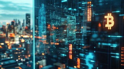 Abstract digital representation of cryptocurrency and blockchain technology with futuristic city background for financial and technological concepts.