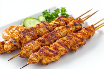 Chicken Satay, This popular satay is made with marinated chicken skewers grilled to perfection. isolated on white background