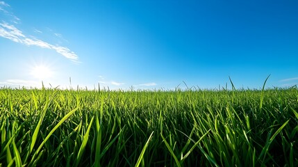 Obraz premium Early Morning Green Grass Field with Bright Blue Sky and Sunlight Scenic Landscape