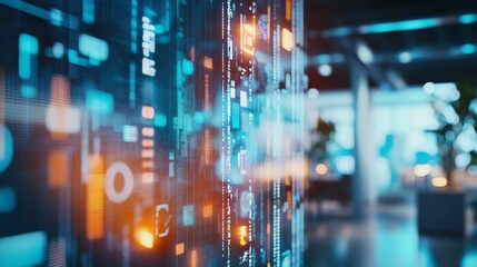 Abstract digital technology background with glowing data and coding elements in a modern office setting.