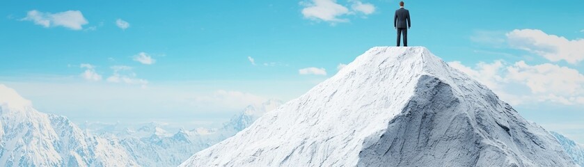 A climber stands triumphantly on a snowy mountain peak, surrounded by breathtaking clouds and blue sky, symbolizing adventure and achievement.