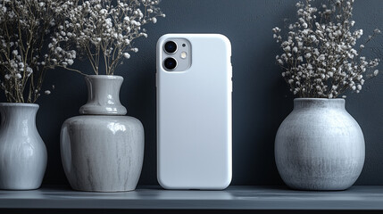 Mockup of smartphone in white case in front of black wall with white ornaments