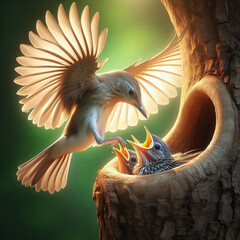 A loving mother bird feeding her chick in the tree nest