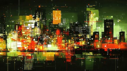 Obraz premium Vibrant city skyline with abstract patterns and colorful lights reflecting on a tranquil surface, showcasing modern urban life.